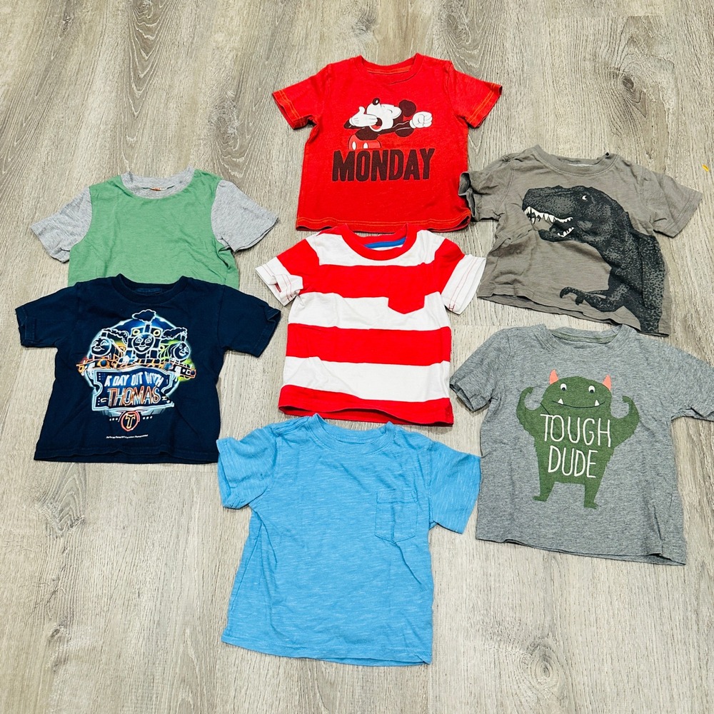 Toddler Boy Graphic T-Shirt Bundle 18M-2T Mickey Thomas Dinosaur 7pc Lot